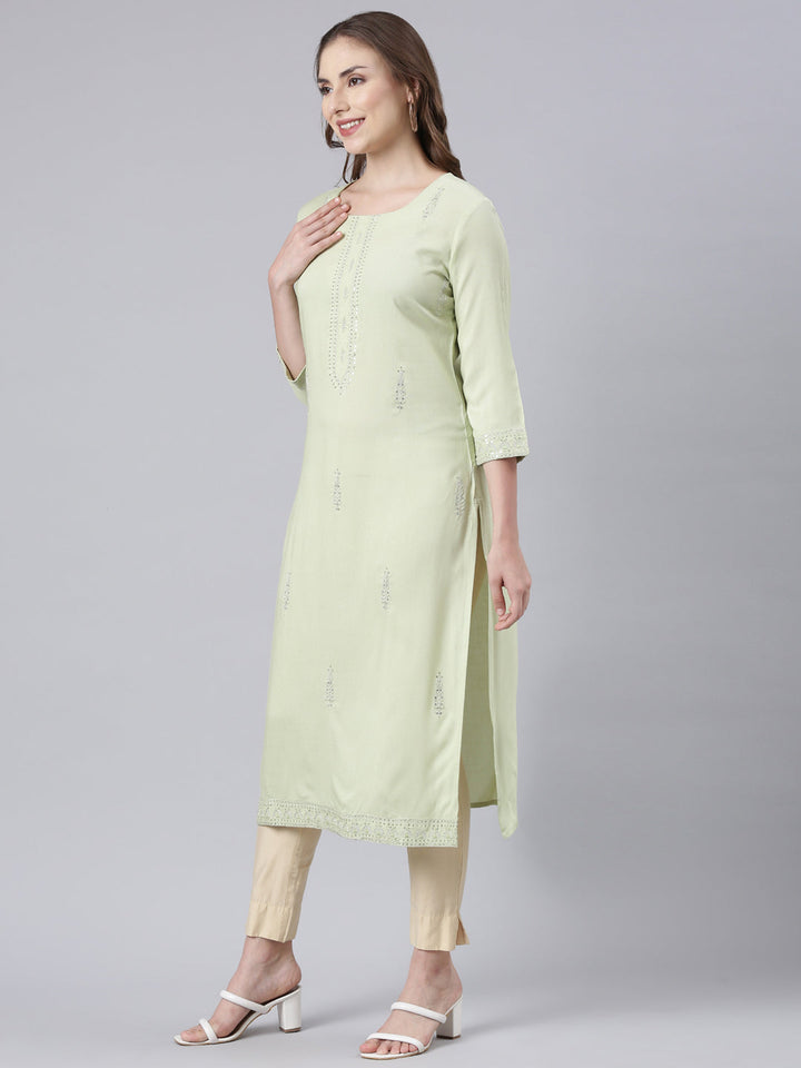 Neerus Green rayon printed straight kurta - back view