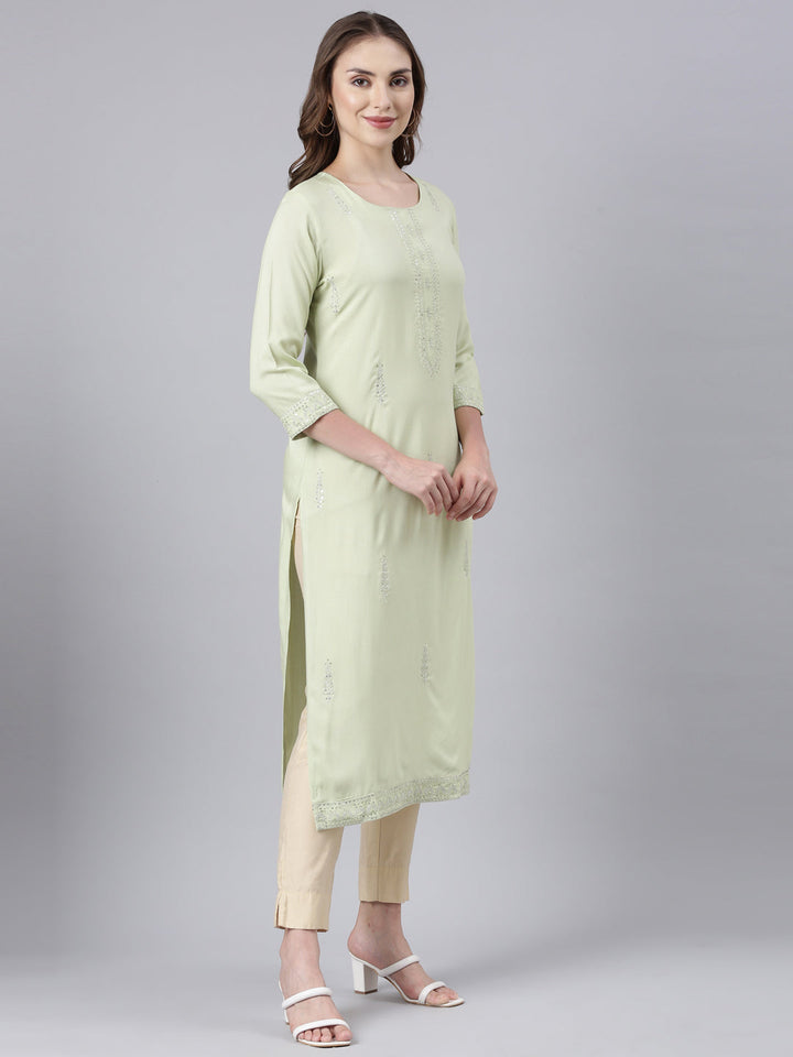 Neerus Green rayon printed straight kurta - side view