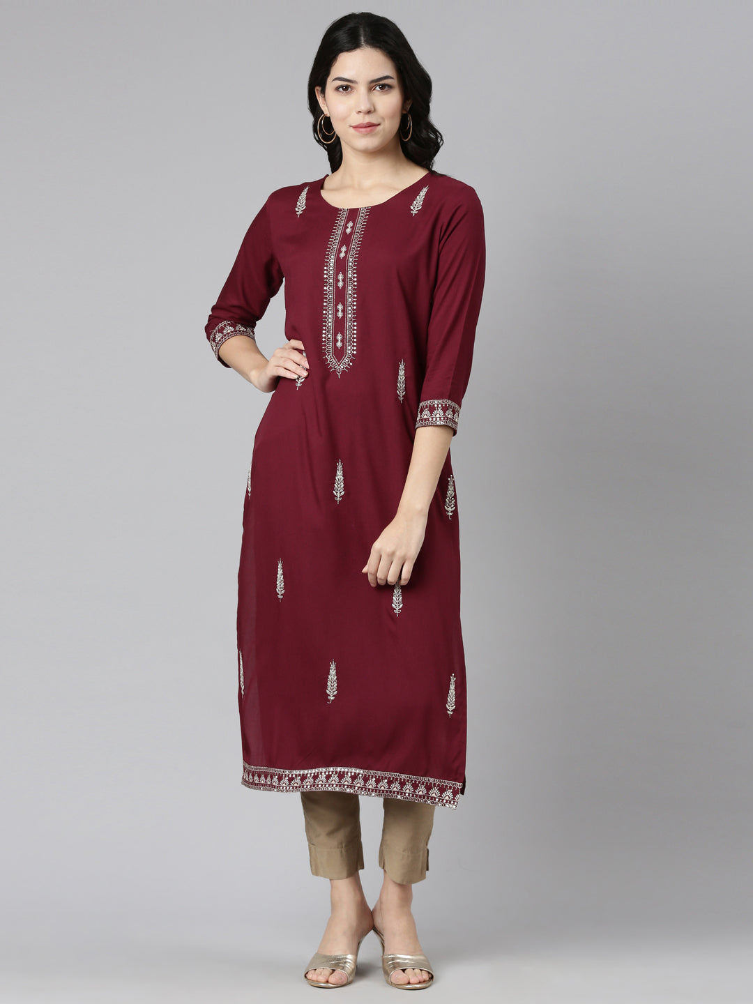 Neerus Purple rayon embroidered kurti - front view