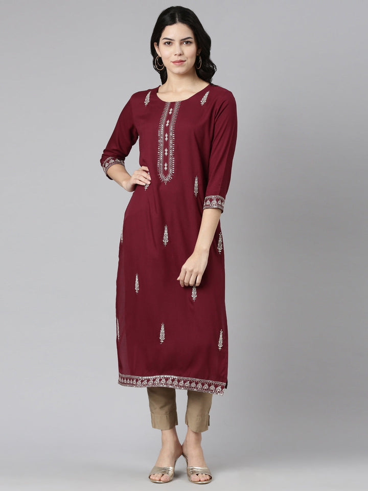 Neerus Purple rayon embroidered kurti - front view