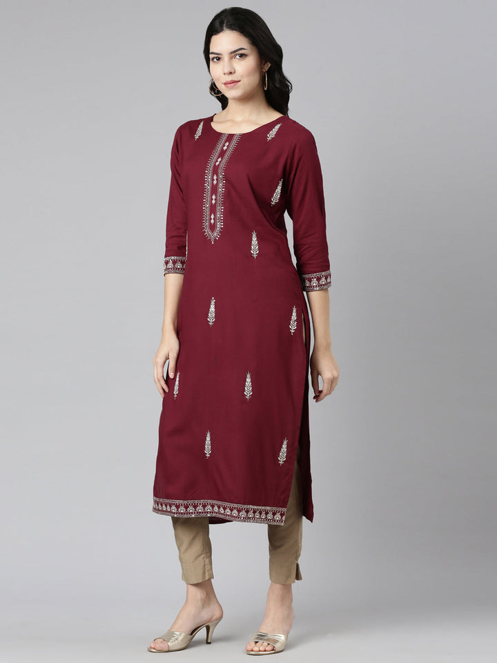 Neerus Purple rayon embroidered kurti - back view