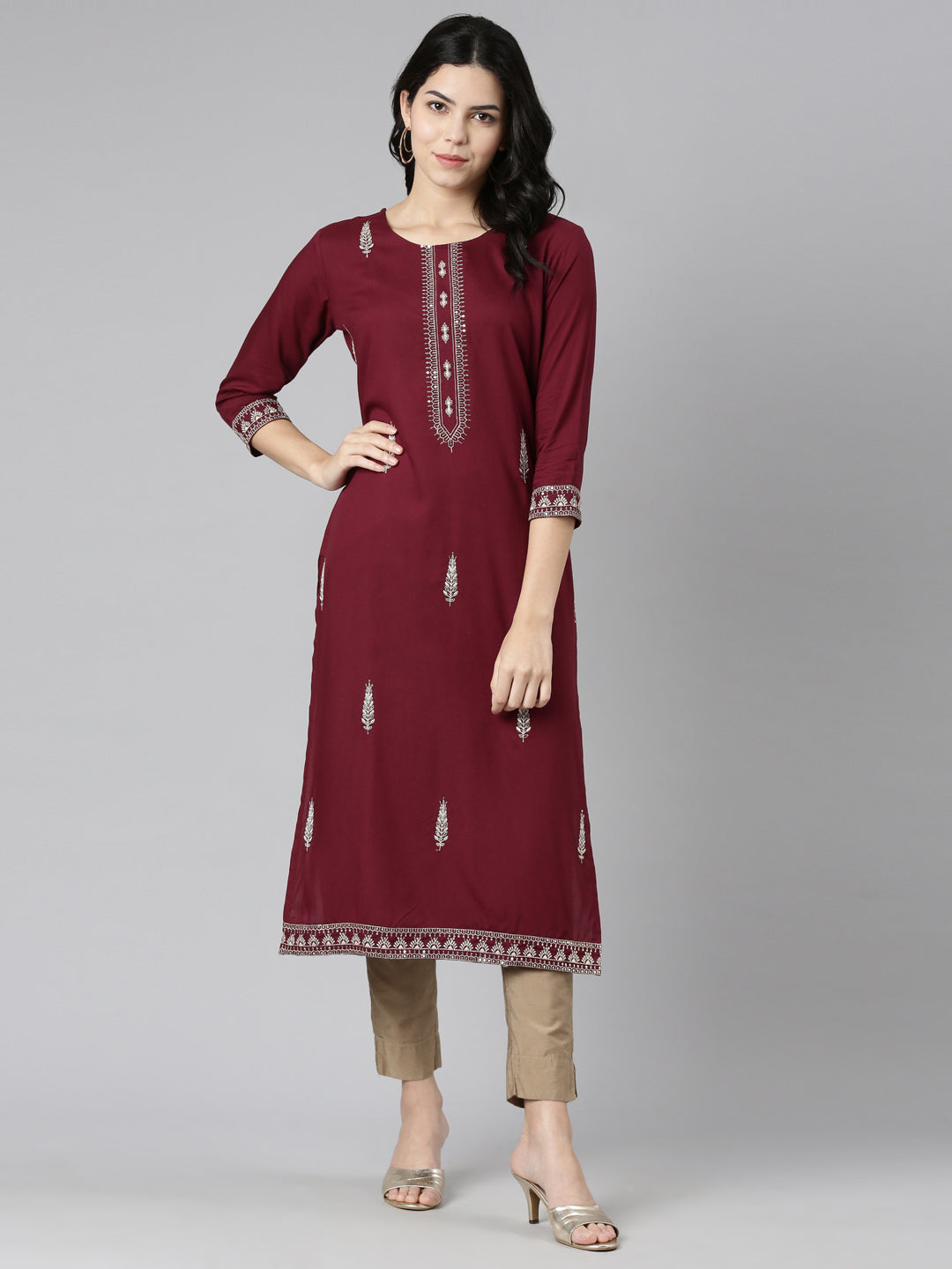Neerus Purple rayon embroidered kurti - detail view 2
