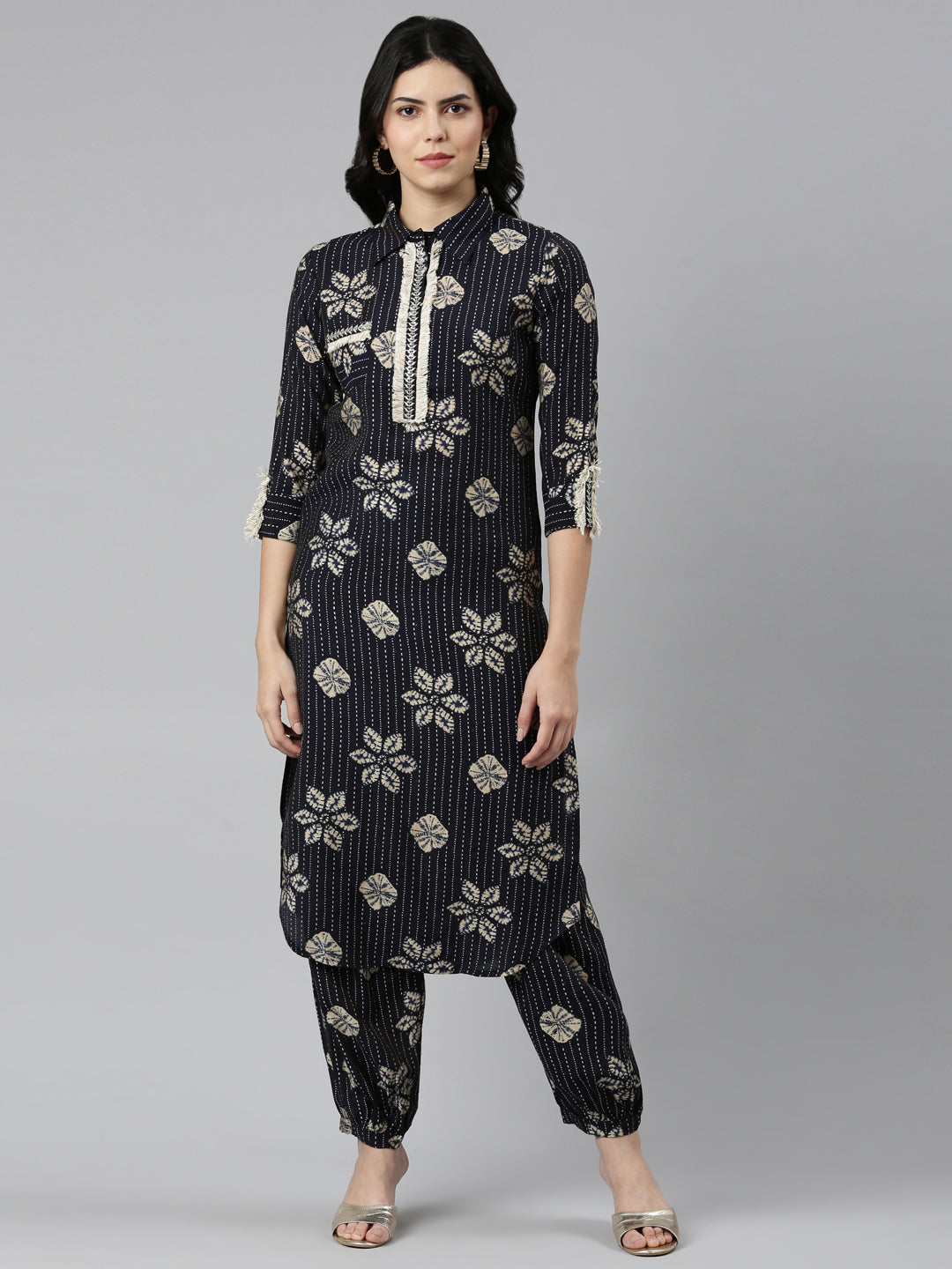 Neerus Blue printed straight kurta set - front view