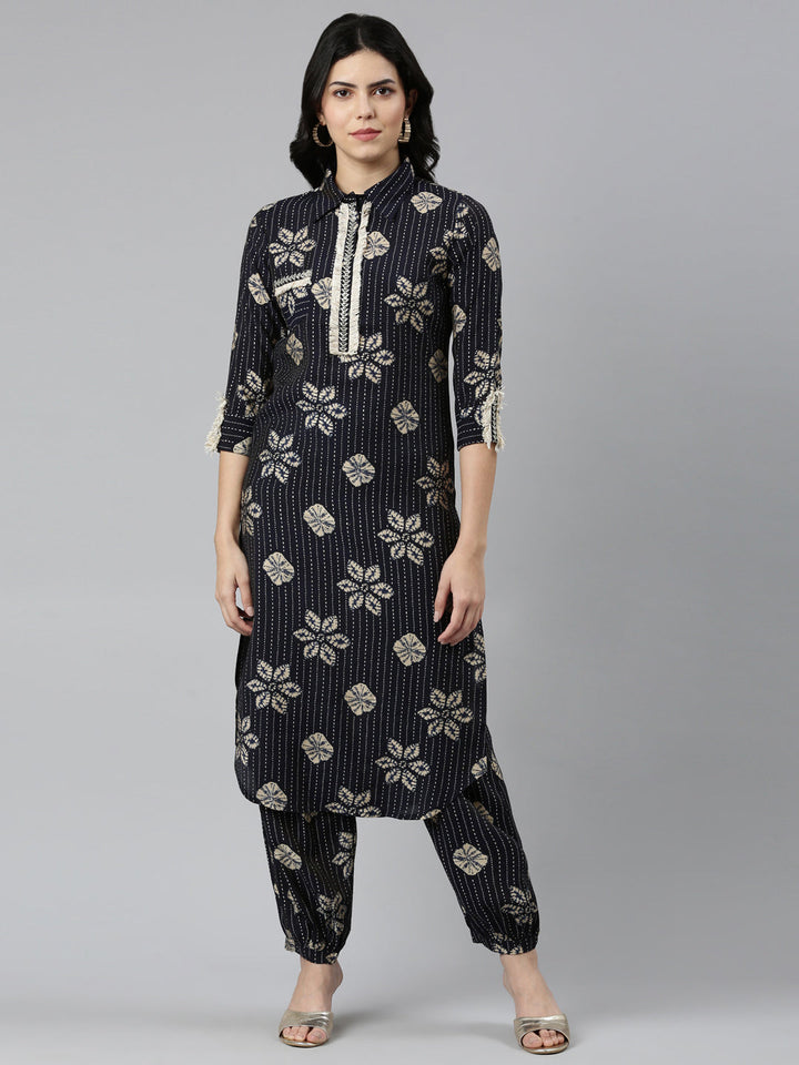 Neerus Blue printed straight kurta set - front view