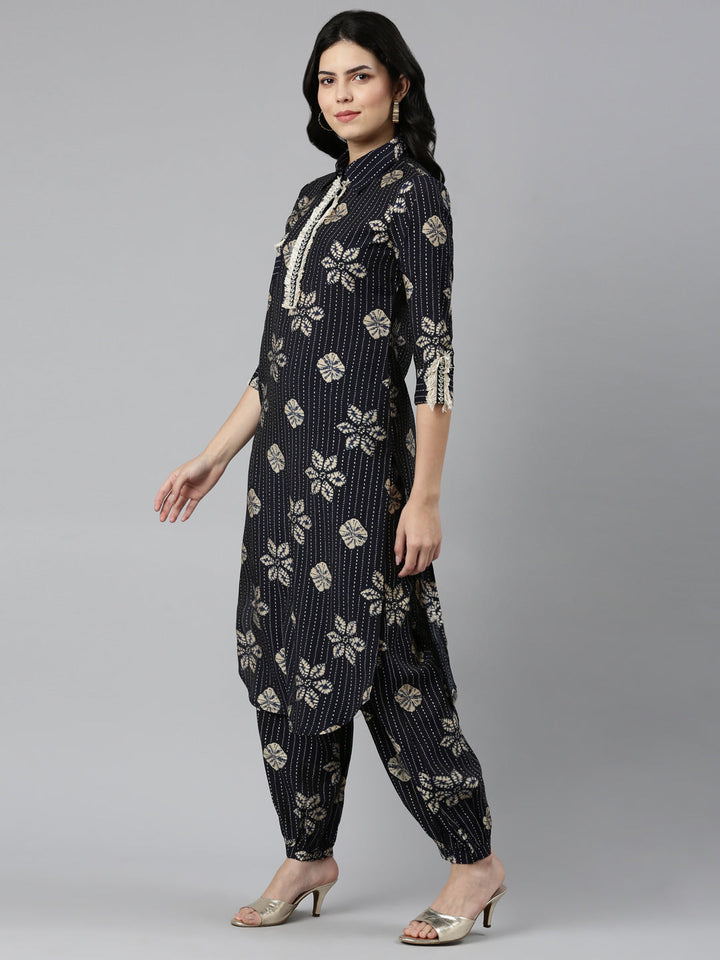 Neerus Blue printed straight kurta set - back view