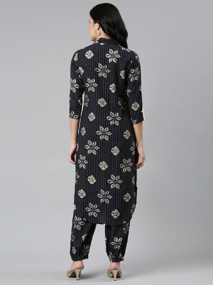 Neerus Blue printed straight kurta set - side view