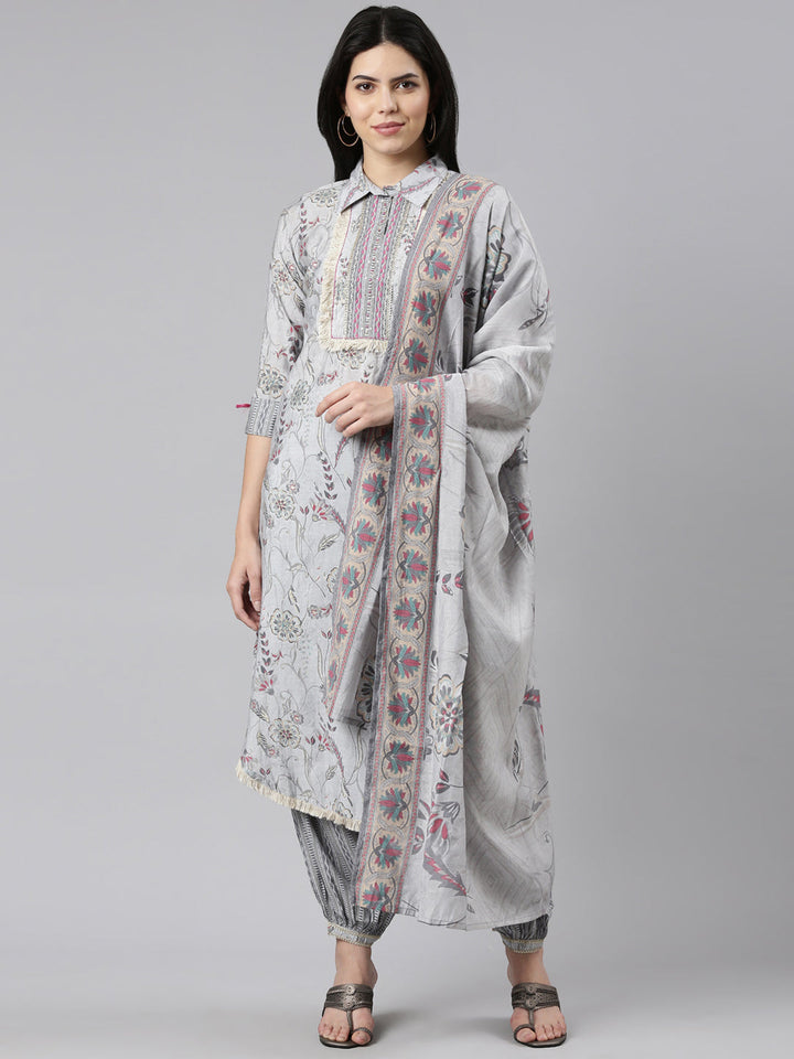 Neerus Grey printed straight kurta set with dupatta - front view