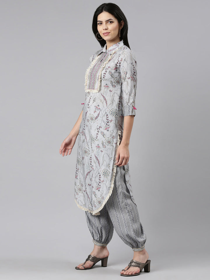 Neerus Grey printed straight kurta set with dupatta - back view