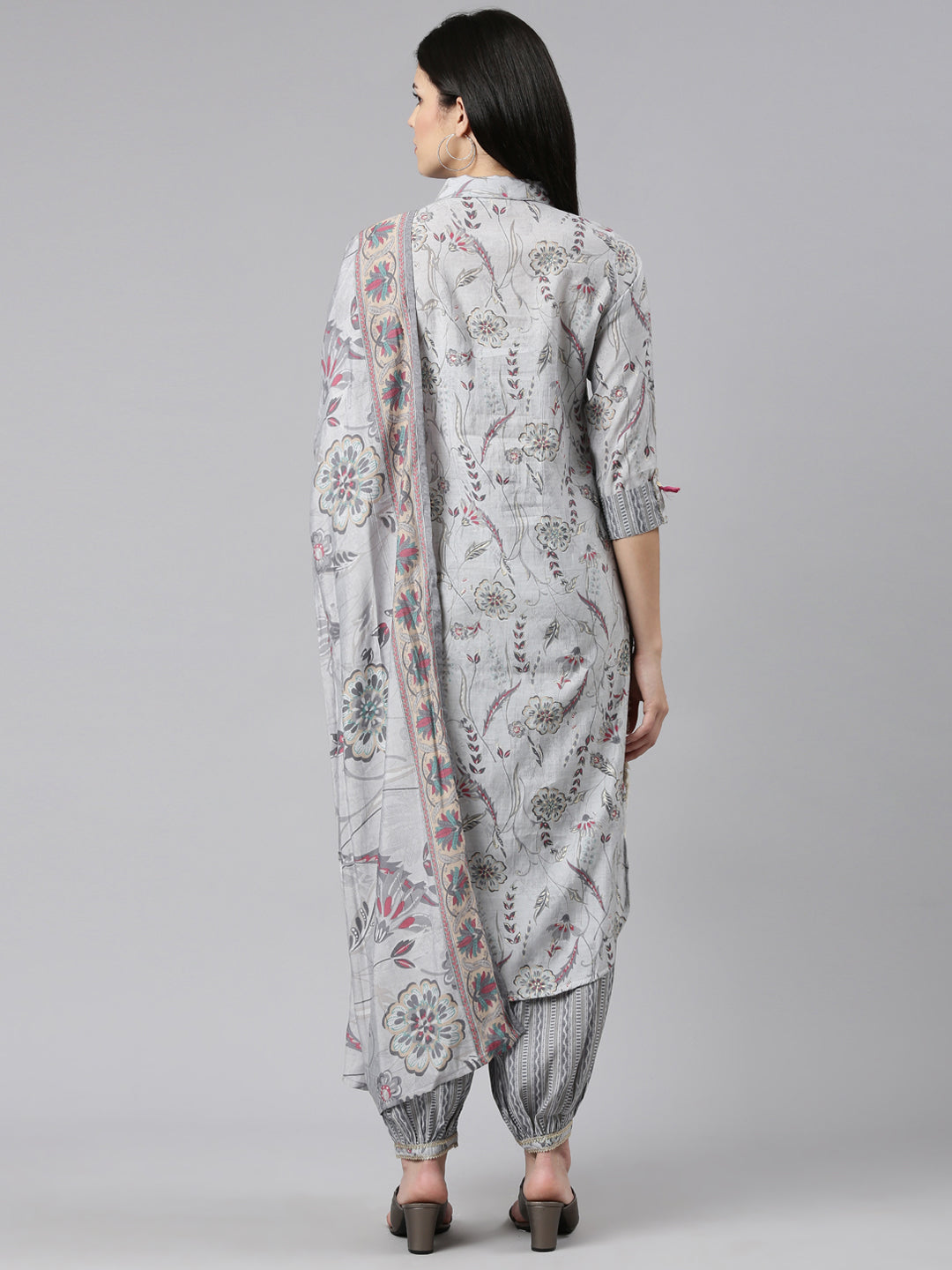Neerus Grey printed straight kurta set with dupatta - side view