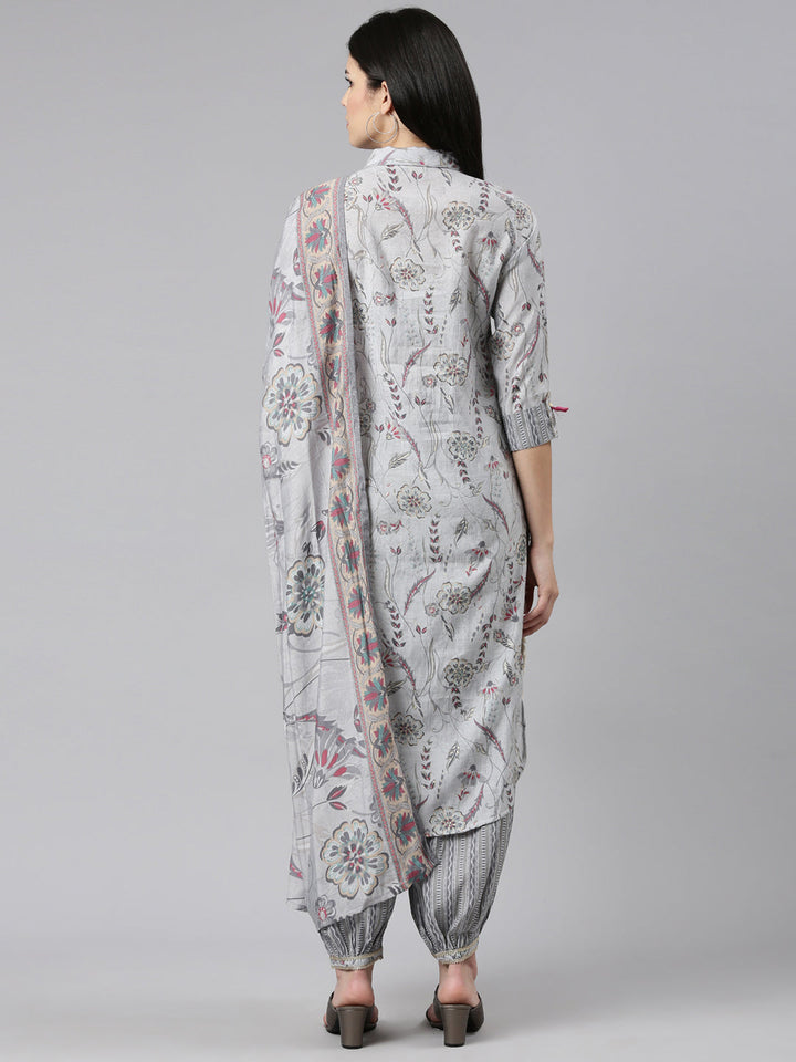 Neerus Grey printed straight kurta set with dupatta - side view