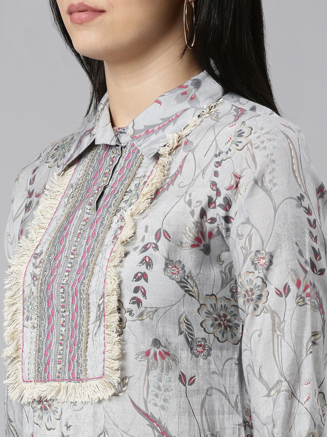 Neerus Grey printed straight kurta set with dupatta - detail view 1