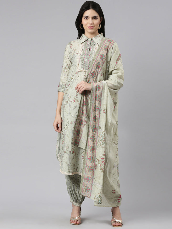 Neerus Green printed straight kurta set with dupatta - front view