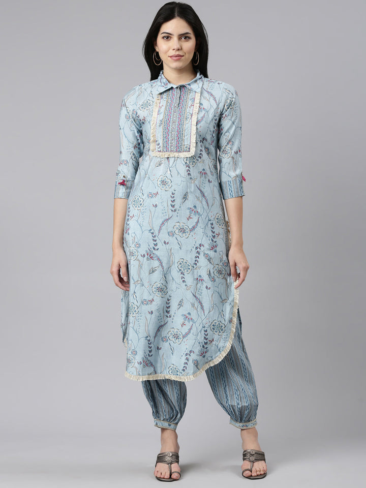 Neerus Blue printed straight kurta set with salwar and dupatta - front view