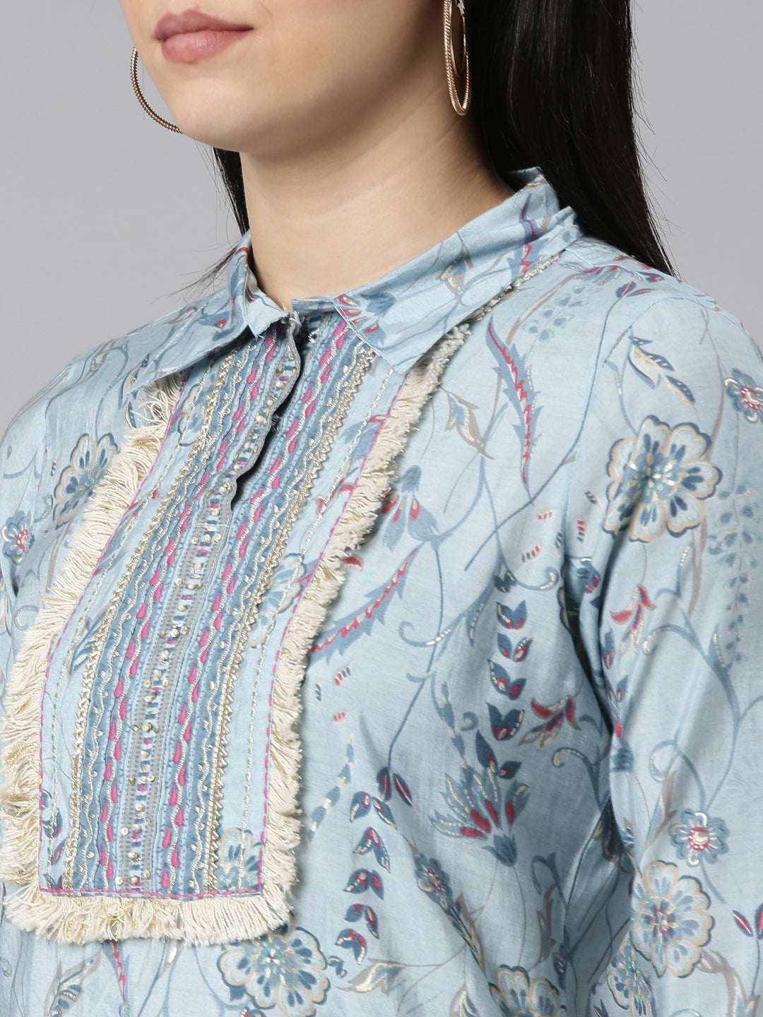 Neerus Blue printed straight kurta set with salwar and dupatta - detail view 1