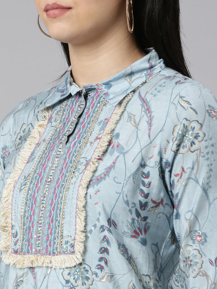 Neerus Blue printed straight kurta set with salwar and dupatta - detail view 1