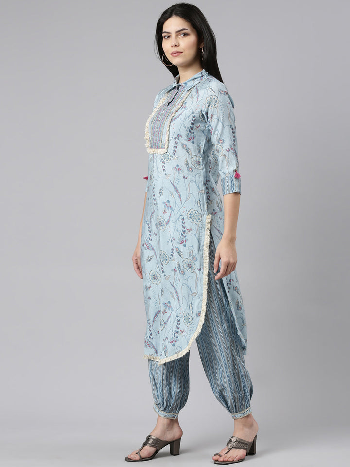 Neerus Blue printed straight kurta set with salwar and dupatta - back view