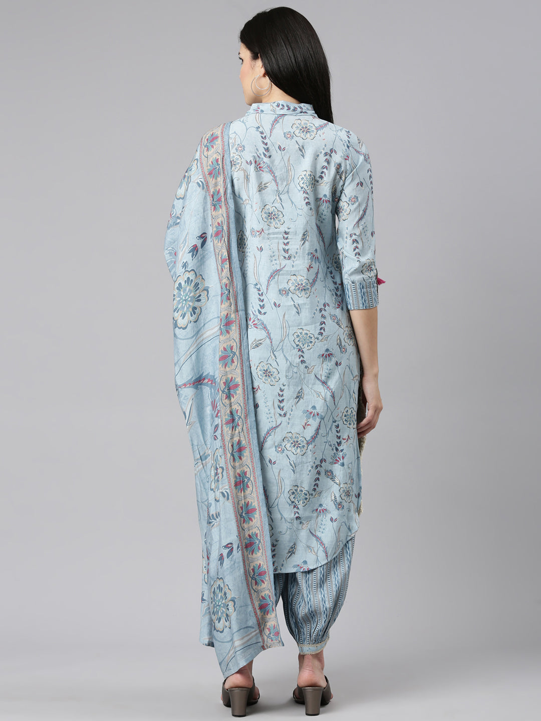 Neerus Blue printed straight kurta set with salwar and dupatta - side view