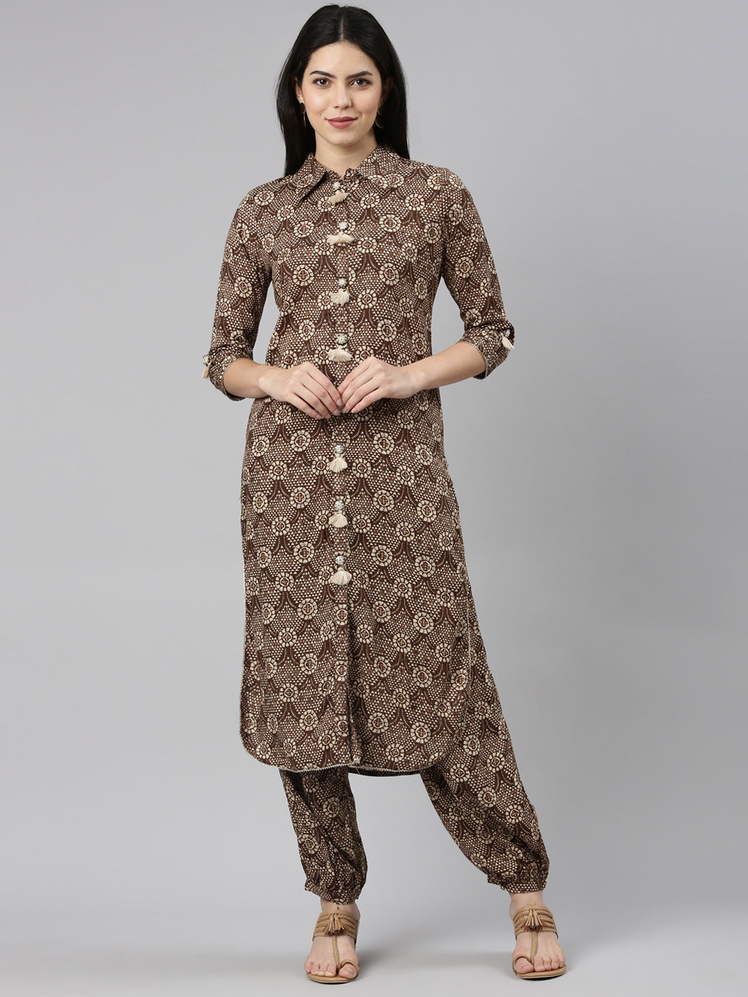Neerus Brown rayon printed kurta set - front view