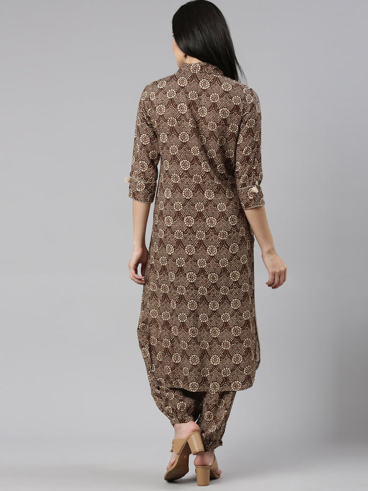 Neerus Brown rayon printed kurta set - side view