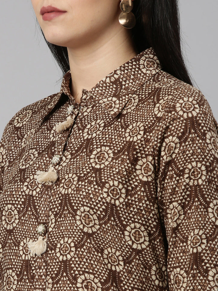 Neerus Brown rayon printed kurta set - detail view 1