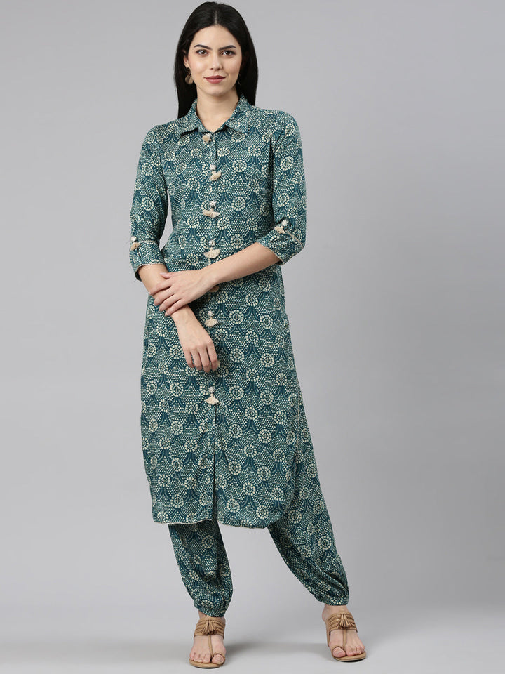 Neerus Green rayon printed kurta set - front view