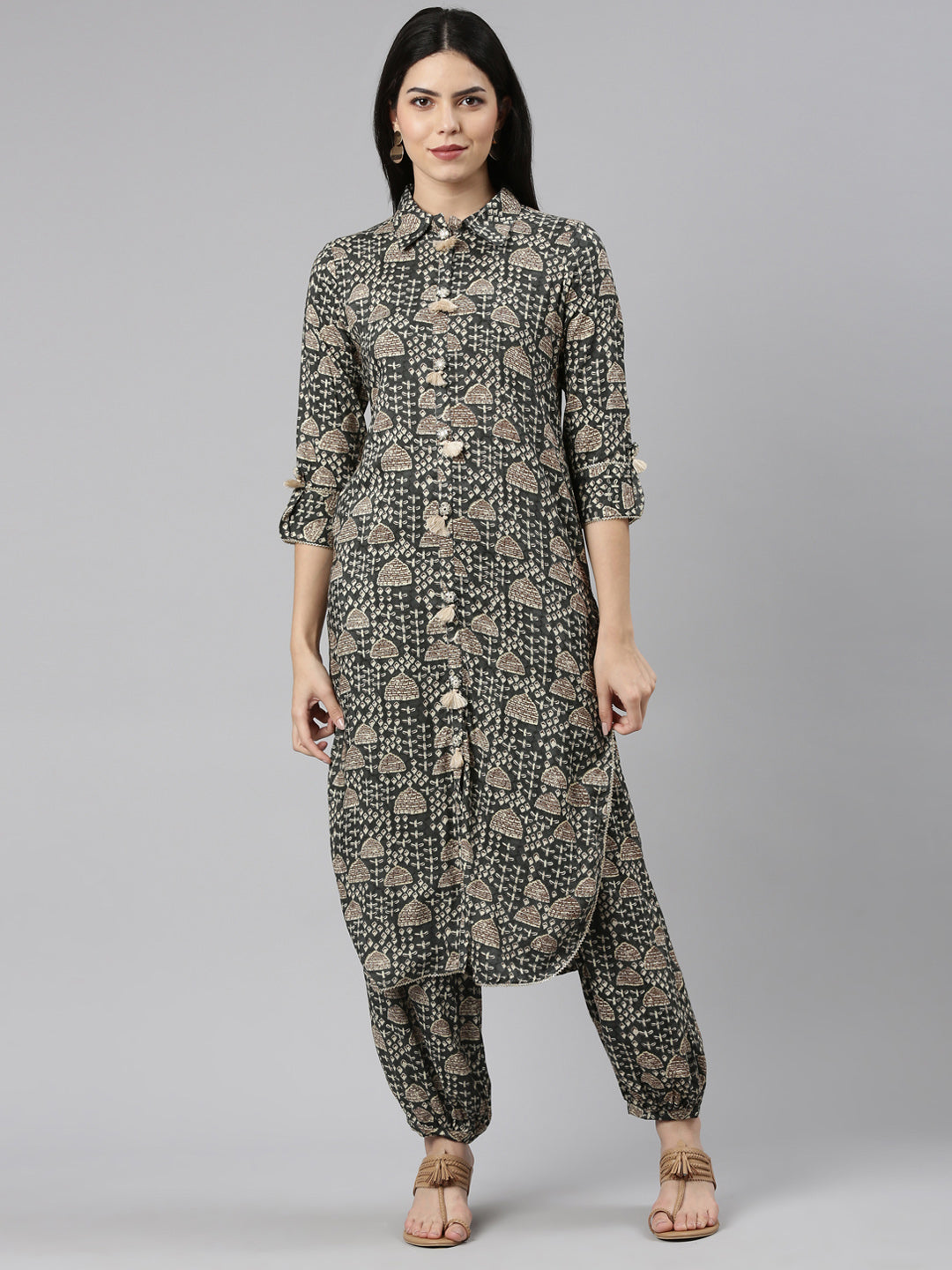 Neerus Grey rayon printed kurta set - front view