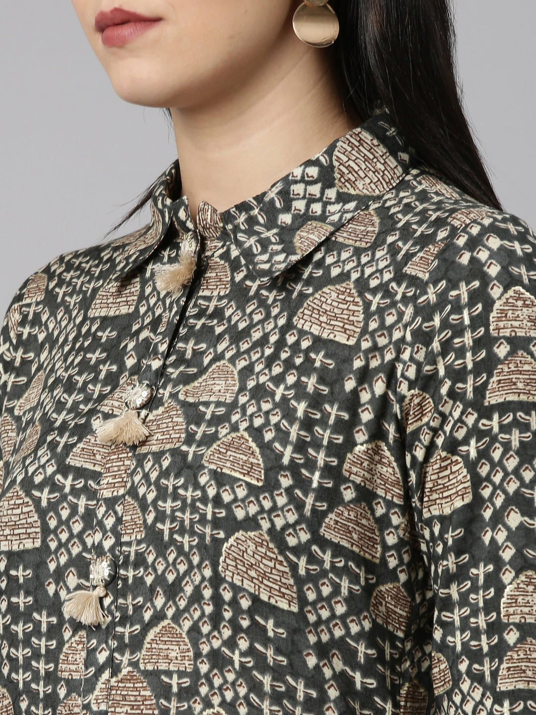 Neerus Grey rayon printed kurta set - detail view 1