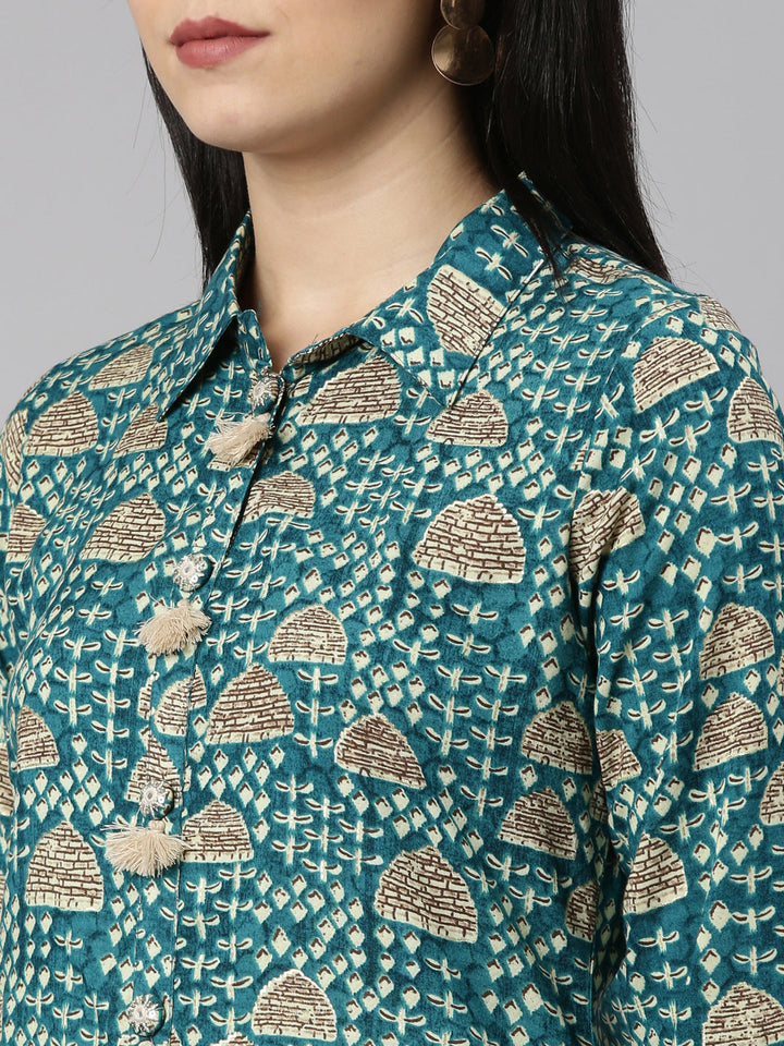 Neerus Green rayon printed kurta set - detail view 1