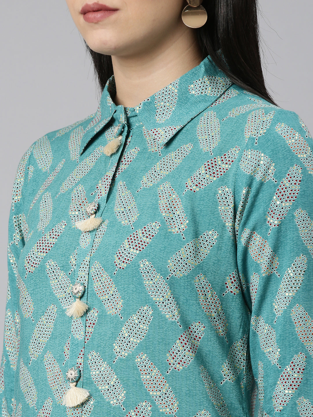 Neerus Green rayon printed kurti set - detail view 1