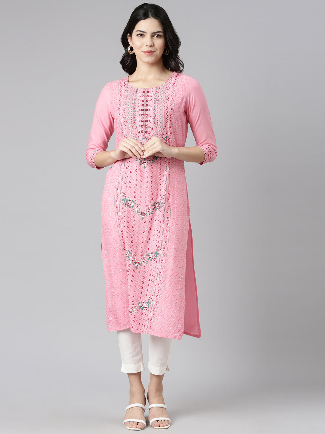 Neerus Pink printed straight kurti - front view