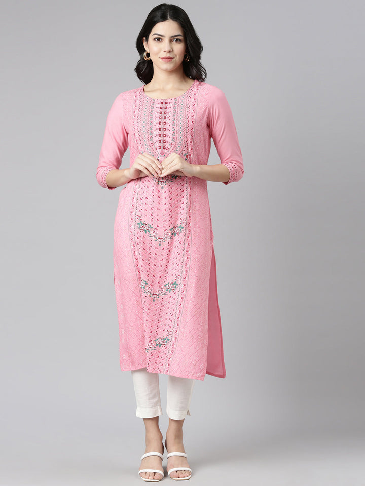 Neerus Pink printed straight kurti - front view
