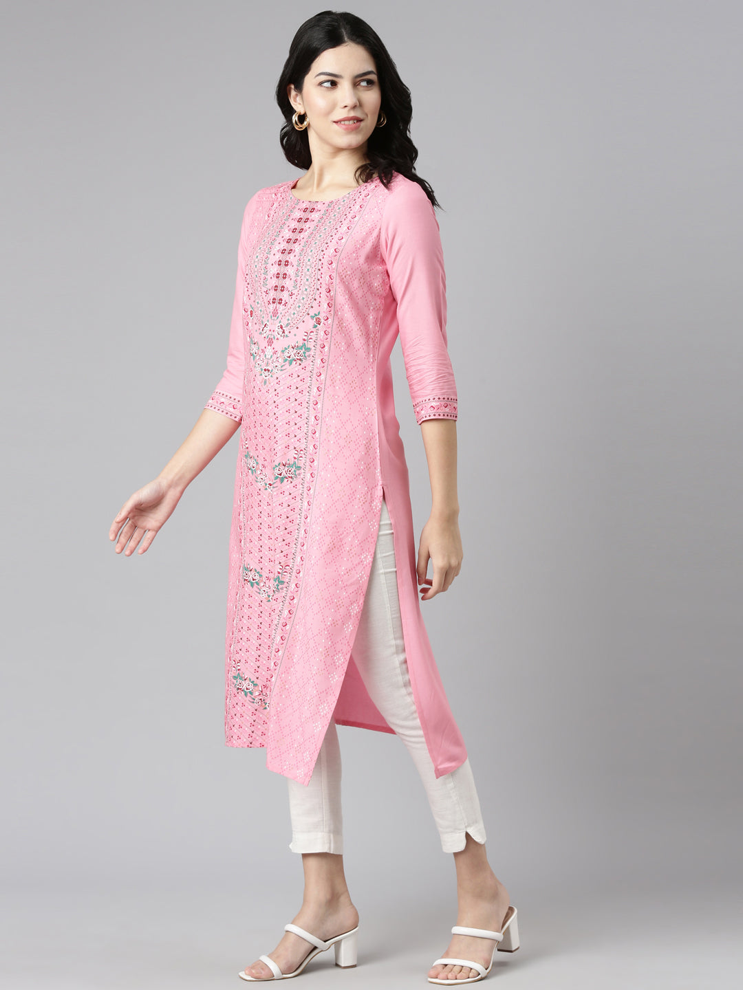 Neerus Pink printed straight kurti - back view