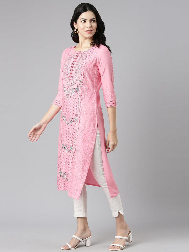 Neerus Pink printed straight kurti - back view