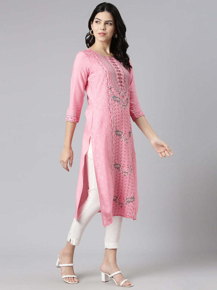 Neerus Pink printed straight kurti - detail view 2