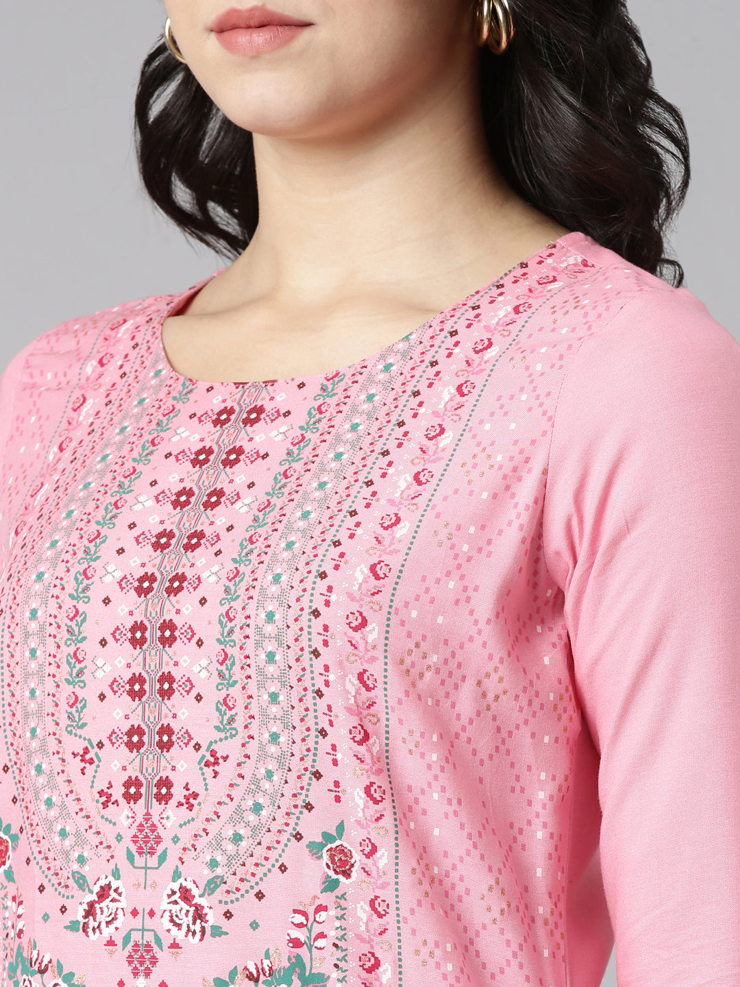 Neerus Pink printed straight kurti - detail view 1