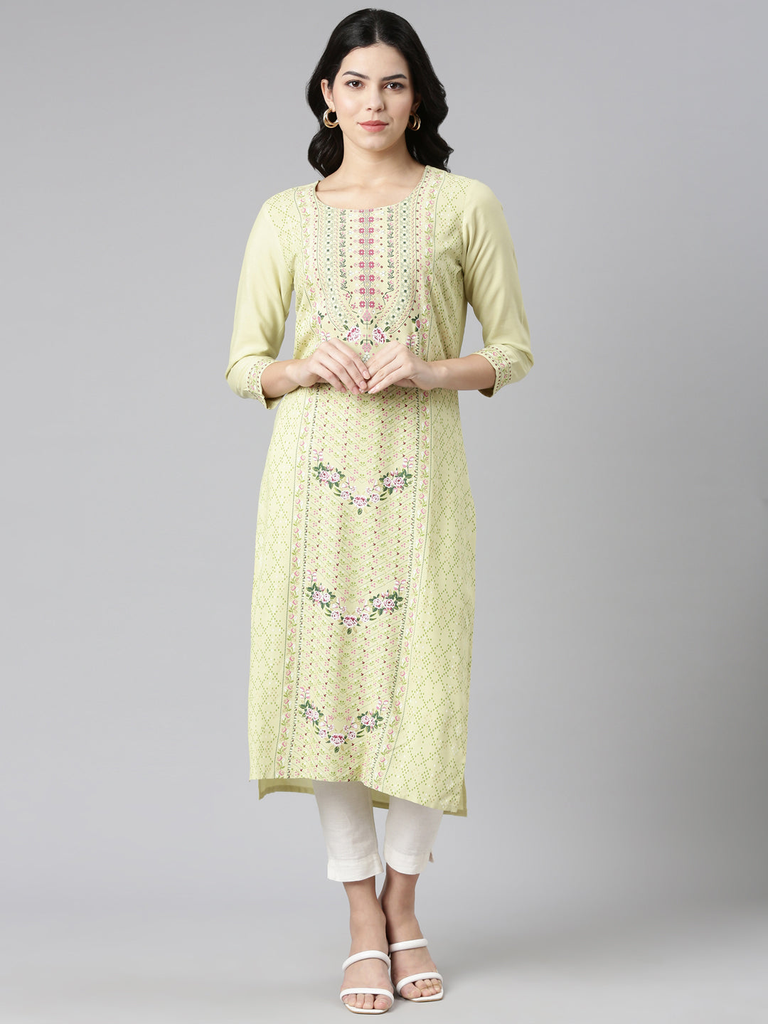 Neerus Green printed straight kurti - front view