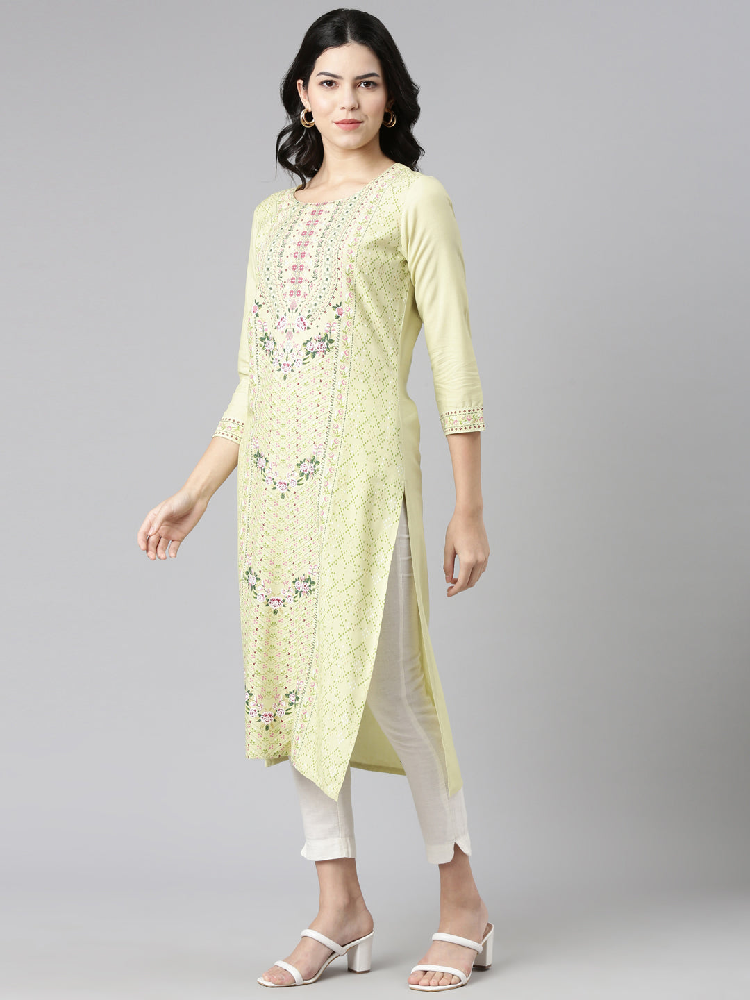 Neerus Green printed straight kurti - back view