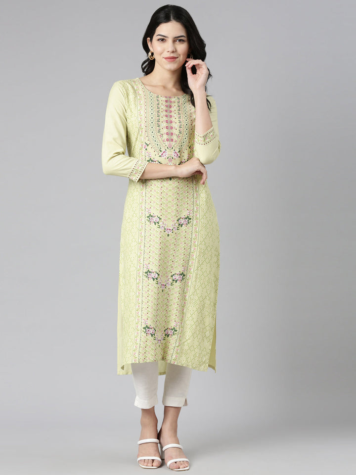 Neerus Green printed straight kurti - detail view 2