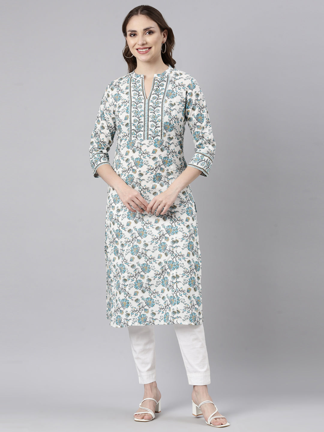 Neerus Blue floral printed straight kurta - front view