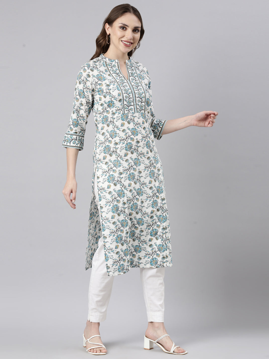 Neerus Blue floral printed straight kurta - back view