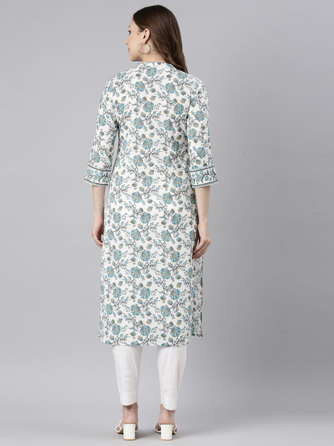 Neerus Blue floral printed straight kurta - side view