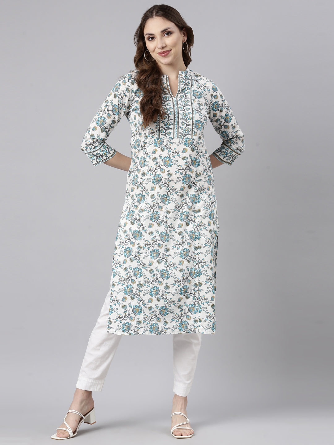 Neerus Blue floral printed straight kurta - detail view 1