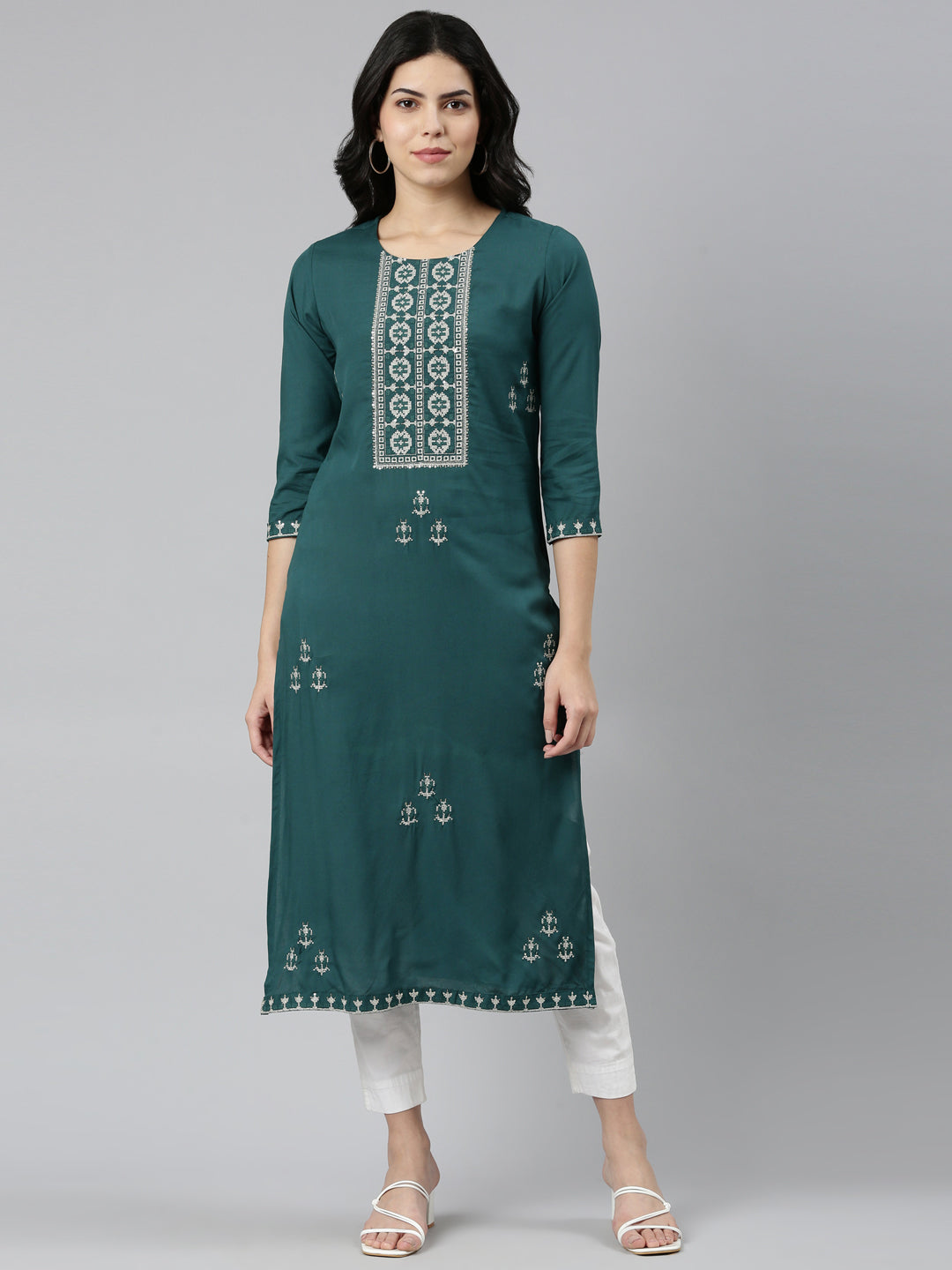 Neerus Green rayon embroidered straight kurti - front view