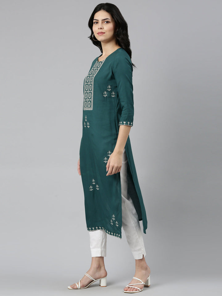 Neerus Green rayon embroidered straight kurti - back view