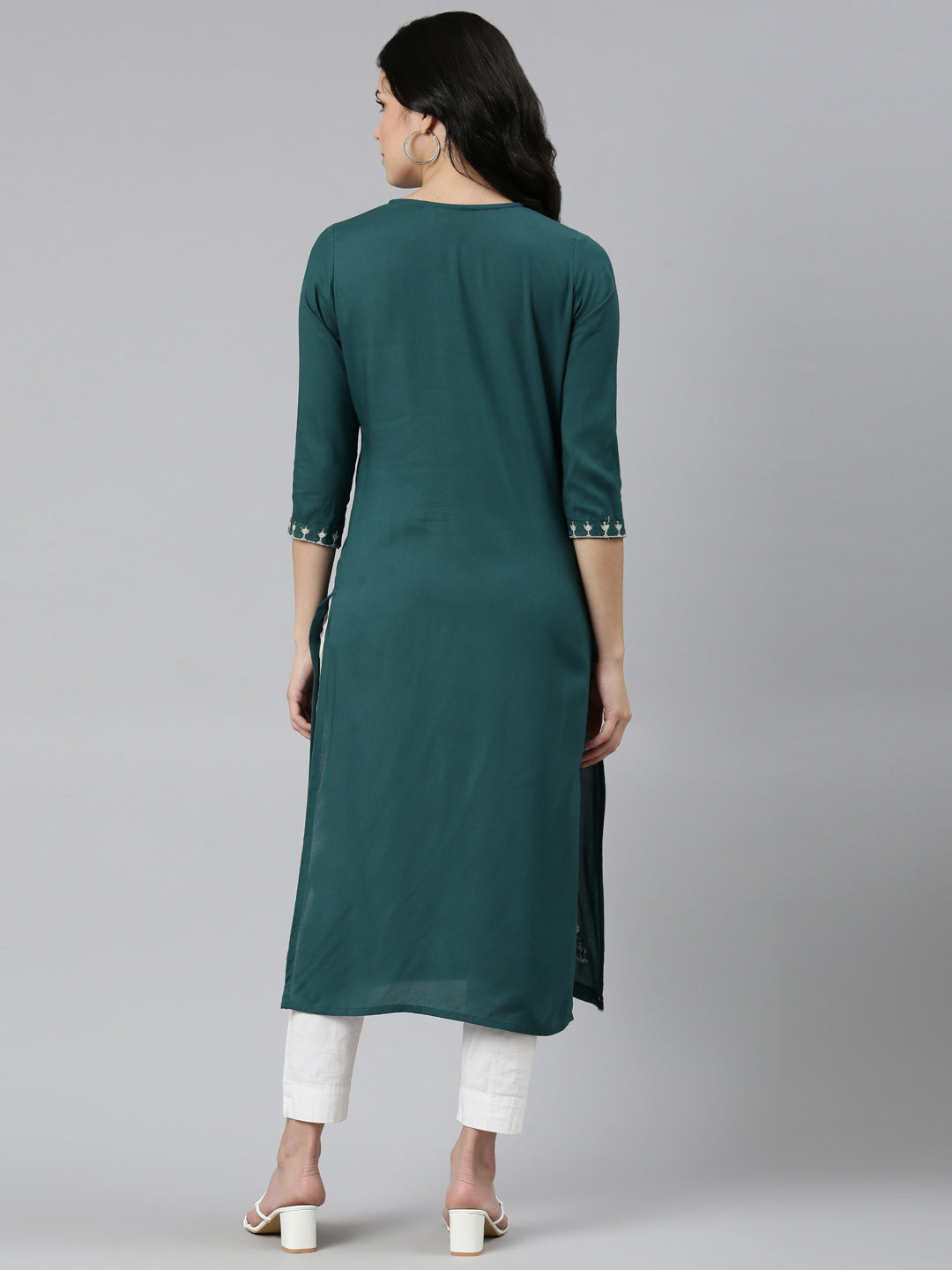 Neerus Green rayon embroidered straight kurti - side view