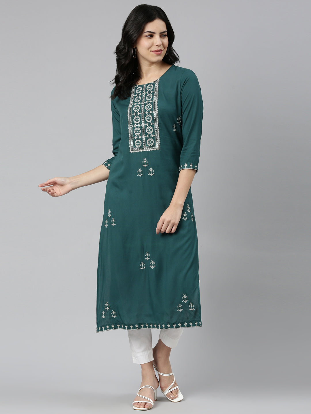 Neerus Green rayon embroidered straight kurti - detail view 2
