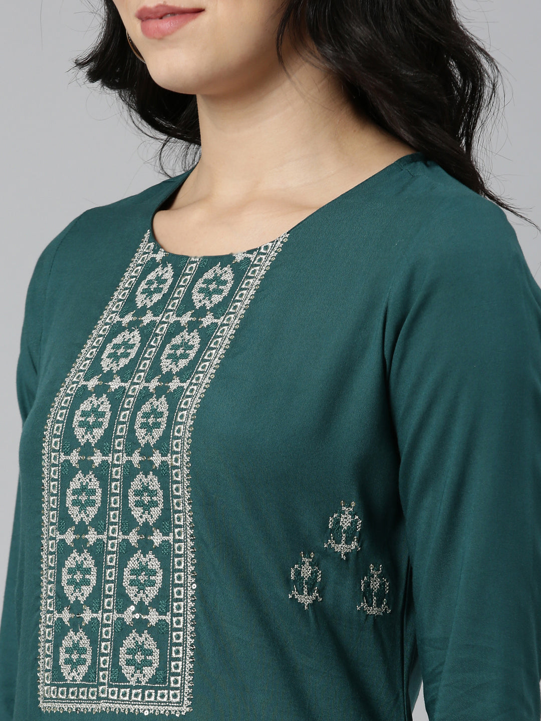 Neerus Green rayon embroidered straight kurti - detail view 1