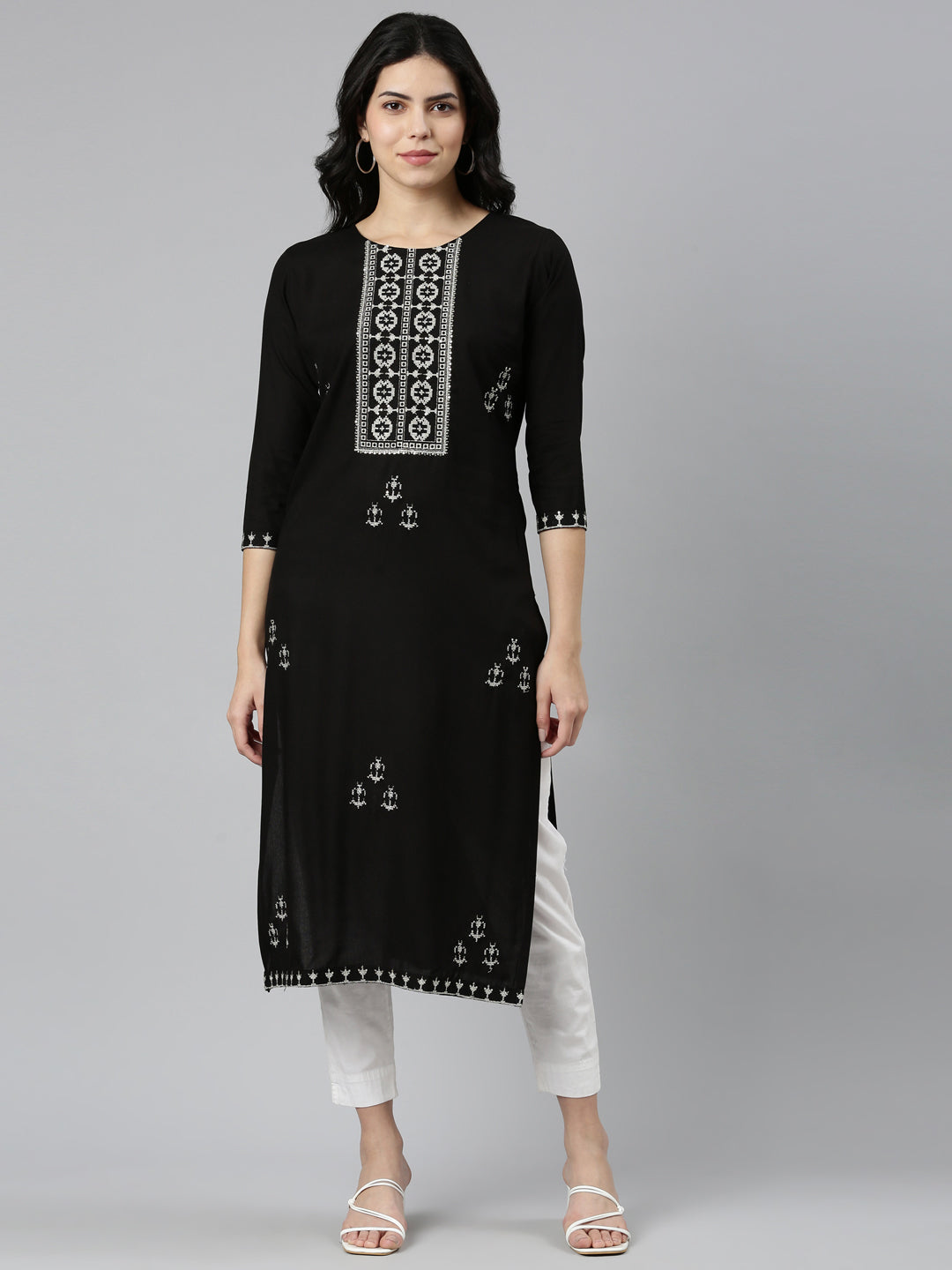 Neerus Black rayon embroidered straight kurti - front view