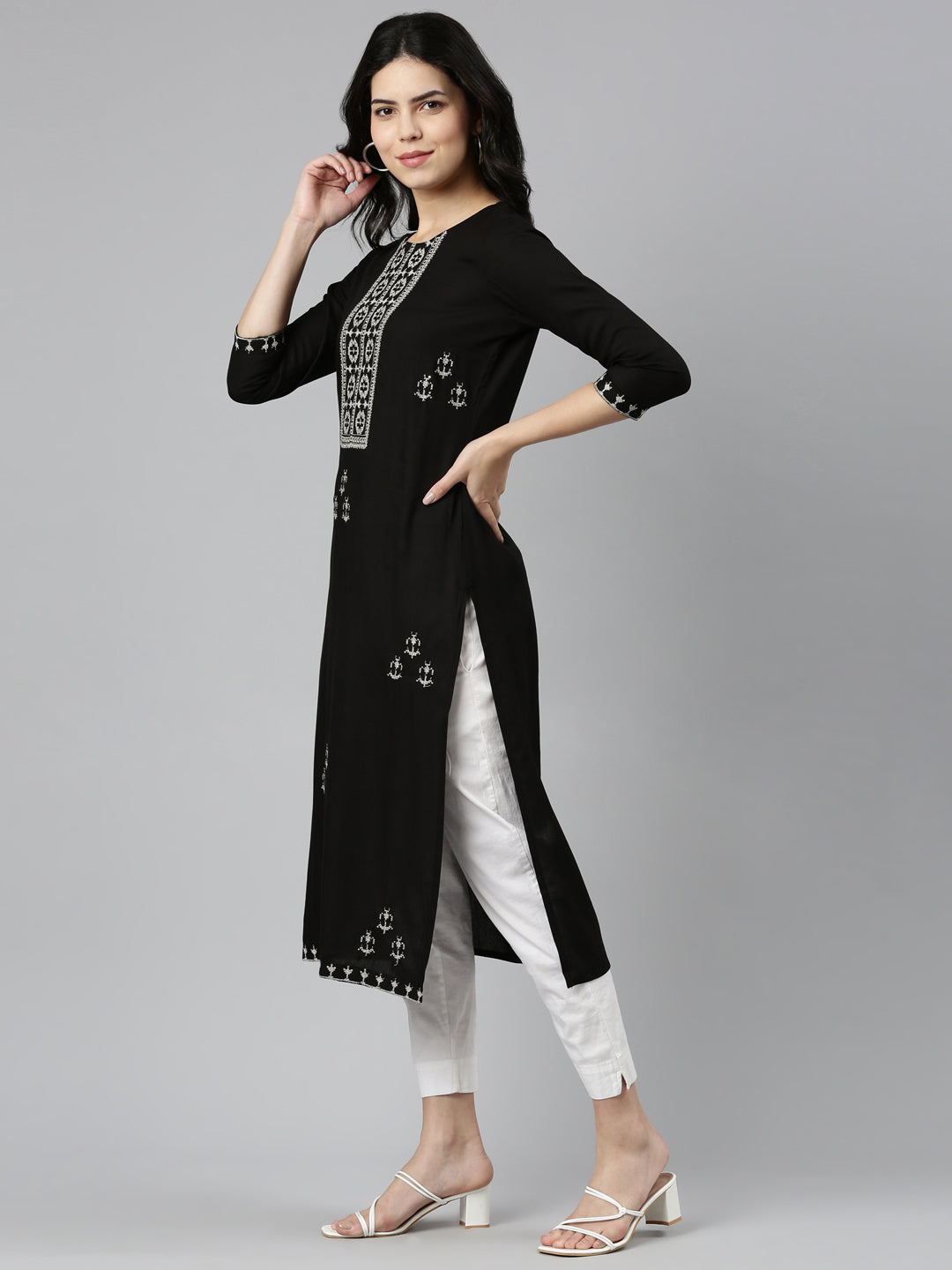 Neerus Black rayon embroidered straight kurti - back view