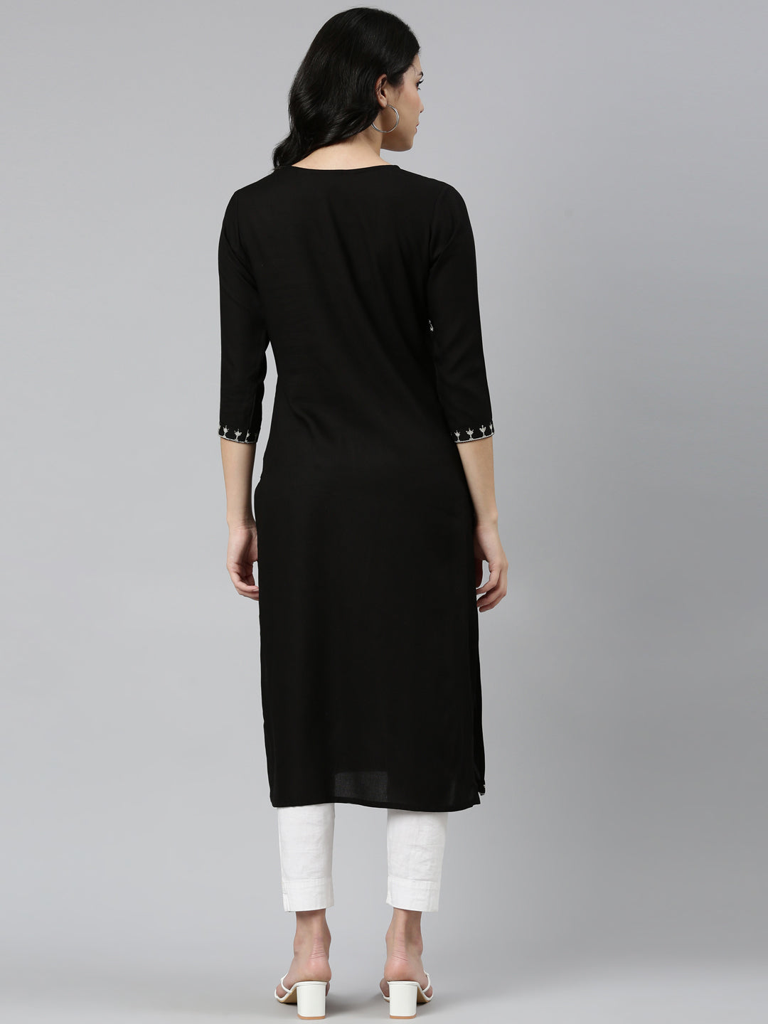 Neerus Black rayon embroidered straight kurti - side view